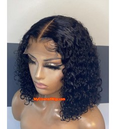 Short curly bob 370 lace front human hair wig pre plucked with baby hair long deep parting【MCW384】