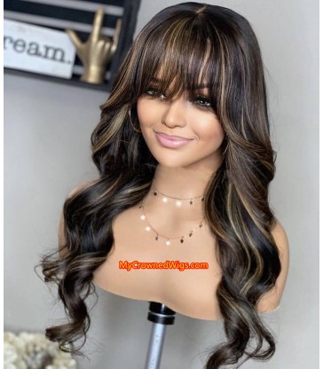 Brazilian virgin highlights color body wave with bangs 360 frontal wig -[MCW396]