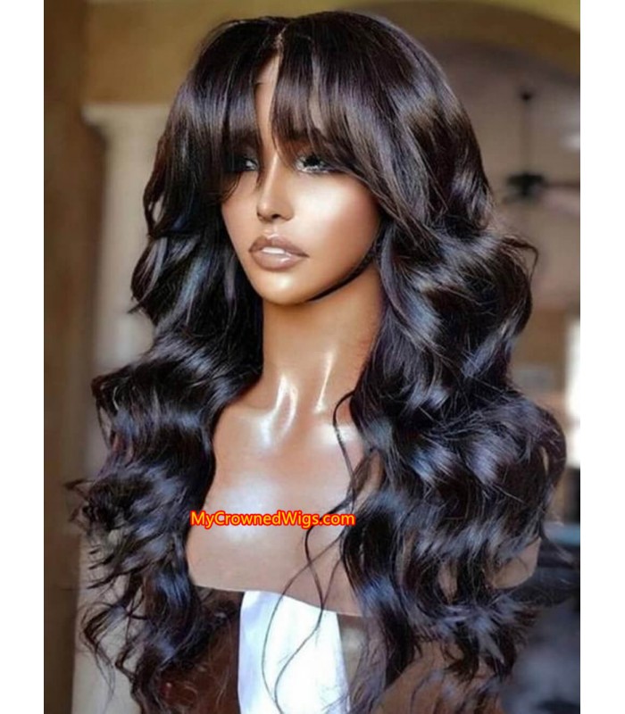 Stock Brazilian virgin human hair body wave with bangs 370 frontal wig -[MCW388]