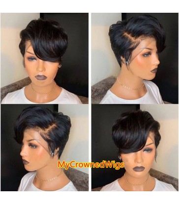 Brazilian virgin short pixie cut long parting lace frontal wigs --[LFW01]