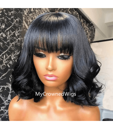 Brazilian virgin soft wavy curls 360 frontal wig with bangs--[MCWCC4]