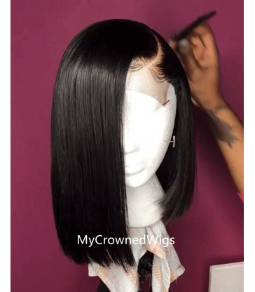 Straight bob 370 lace front human hair wig pre plucked with baby hair long deep parting【MCW383】