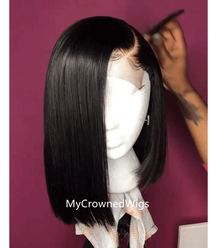 Straight bob 370 lace front human hair wig pre plucked with baby hair long deep parting【MCW383】