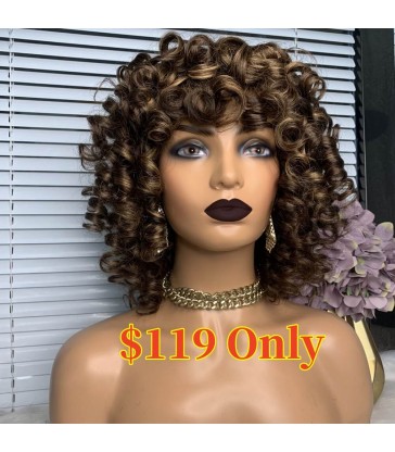 Brazilian virgin highlight color wavy hair with bangs no lace machine made wig --[MCW809]