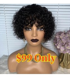 Brazilian Virgin Short Pixie Bang Curly Machine Made Wig -【MCW810】