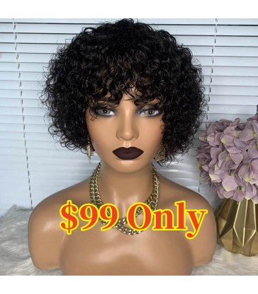 Brazilian virgin natural color short pixie cut bob machne made wig --[MCW810]