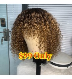 Brazilian virgin ombre color curly hair with bangs no lace machine made wig --[MCW807]