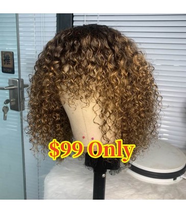 Brazilian virgin ombre color curly hair with bangs no lace machine made wig --[MCW807]