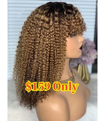 Brazilian virgin ombre color curly hair with bangs no lace machine made wig --[MCW811]