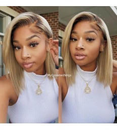 Omber Golden Blonde Color 13x4 Lace Frontal Wig Short Bob with Brown Root [MCWBB6]