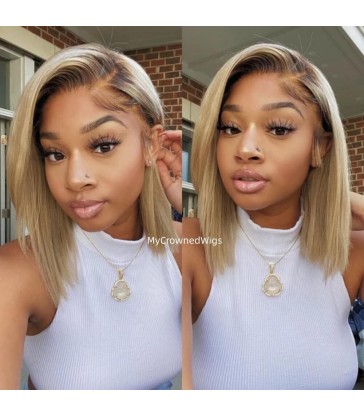 Omber Golden Blonde Color 13x4 Lace Frontal Wig Short Bob with Brown Root [MCWBB6]