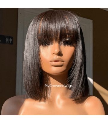 Malaysian virgin light yaki blunt cut bang bob style full lace wig