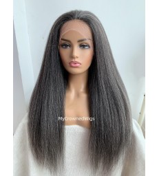 Grey mixed kinky straight brazilian virgin glueless full lace wig 【GM001】