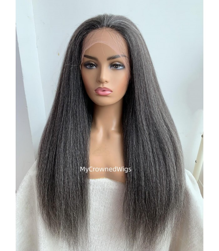 Grey mixed kinky straight brazilian virgin glueless full lace wig 【GM001】