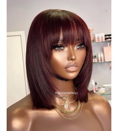 5*5 undetectable burgundy color bang bob HD lace closure human hair wig【hcw118】