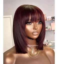 Burgundy Color Bangs Bob 5x5 HD Lace Closure Wig -【HCW118】