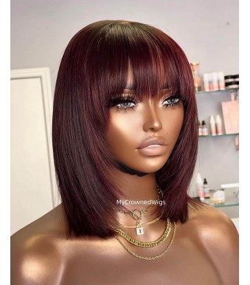 5*5 undetectable burgundy color bang bob HD lace closure human hair wig【hcw118】