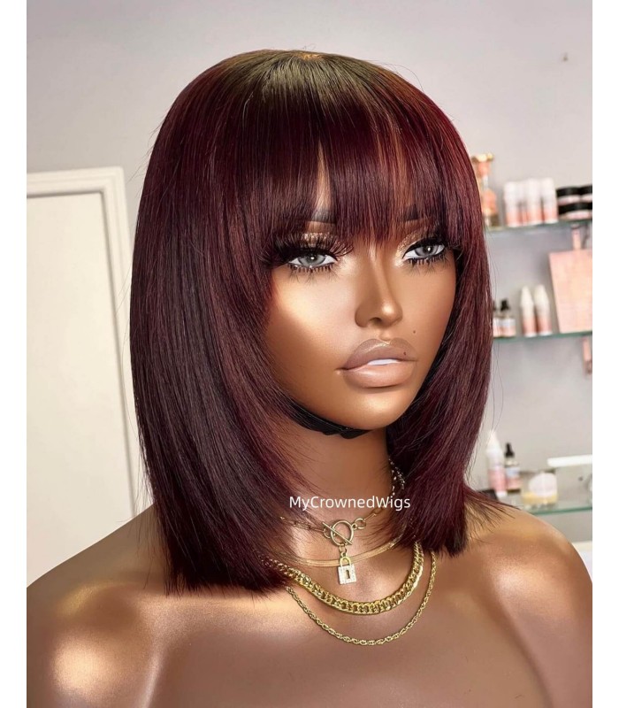 5*5 undetectable burgundy color bang bob HD lace closure human hair wig【hcw118】