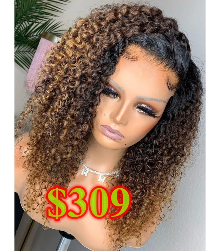【Ready ship】Ombre blonde color deep curly 13*6 HD lace frontal wig--HD334