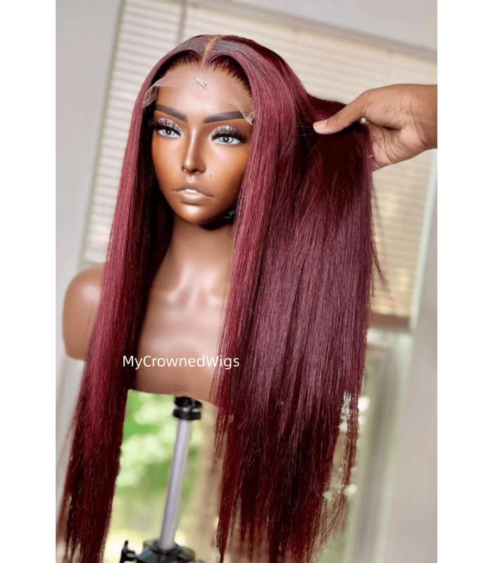 5*5 undetectable burgundy color silk straight HD lace closure human hair wig【hcw120】