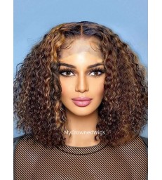 Highlight Curly Bob Wigs Colored Human Hair 360 Frontal Wig【MCW389】