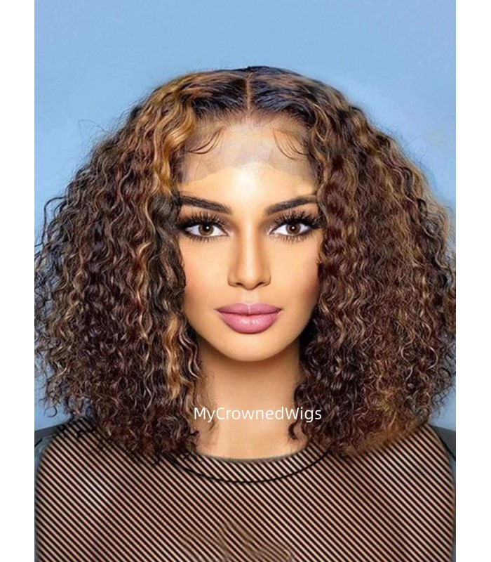 Omber Color Curly bob 370 lace front human hair wig pre plucked with baby hair long deep parting【MCW389】