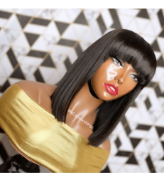 Brazilian Virgin Blunt Cut Bob With Bangs No Lace Machine Made Wig -【MCW801】
