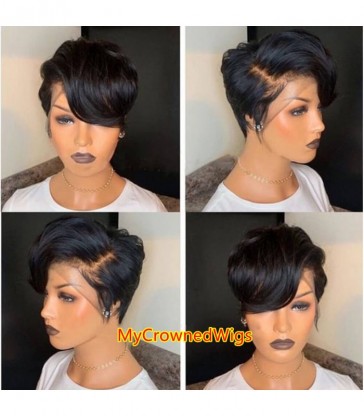 Brazilian virgin short pixie cut long parting lace frontal wigs --[LFW01]