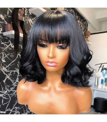 Brazilian virgin soft wavy curls 360 frontal wig with bangs--[MCWCC4]