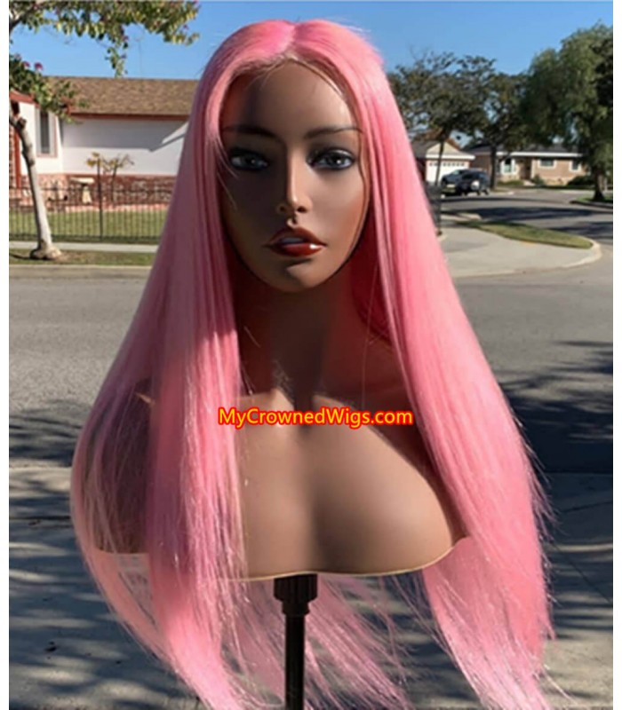 Brazilian virgin pink color silk straight bleached knots lace front wig-[MCW801]