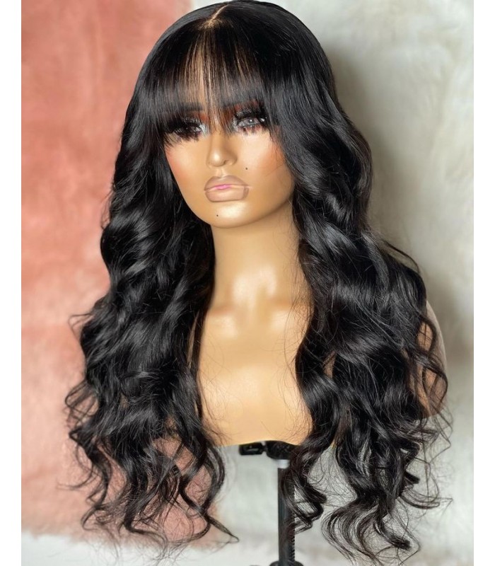 Stock Brazilian virgin human hair body wave with bangs 370 frontal wig -[MCW388]