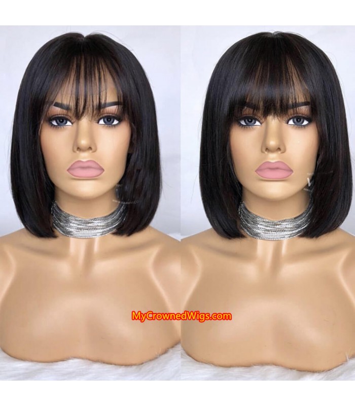 Malaysian virgin light yaki blunt cut bang bob style full lace wig